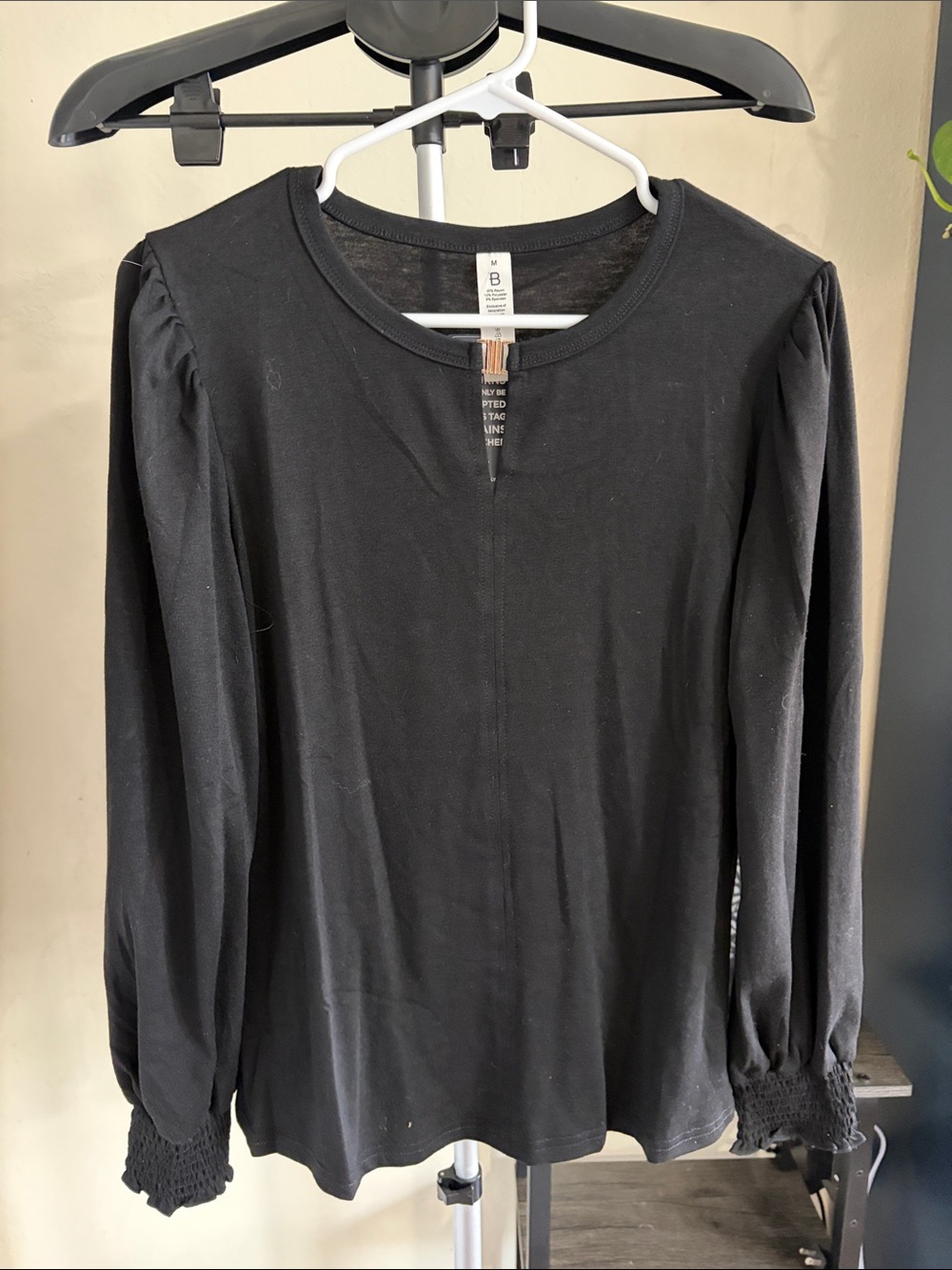 Women's Black Long-Sleeve Top with Smocked Cuffs
